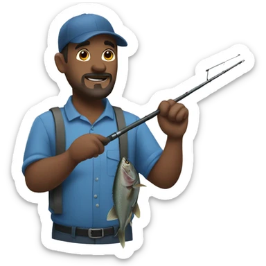 manly husband holding blue fishing rod and tuna sticker