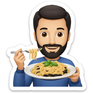 White man with black beard holding a plate of pasta smiling  sticker