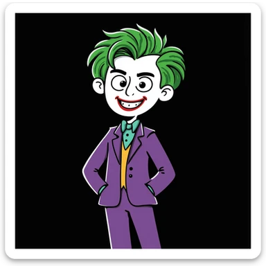The Joker villain full body with green hair, purple suit, white face, red lips, maniacal laugh sticker