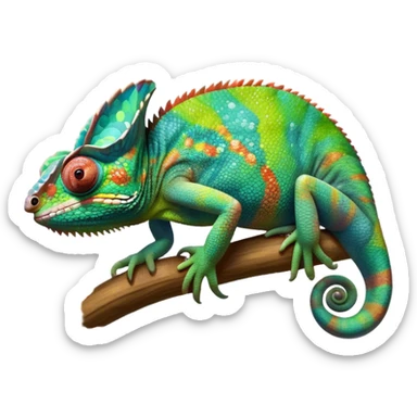 Giant chameleon on a branch, blending with vibrant greenery. Detailed scales in shifting colors, showing the chameleon’s ability to camouflage. Soft natural light highlights its texture. Nature background. Lush jungle background with vivid foliage, transparent background. sticker