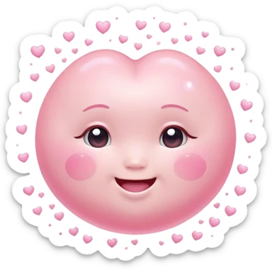 Cinematic floating soft heart, chubby round edges, pastel pink glow, tiny smiling face, surrounded by dreamy sparkles, gentle and loving. sticker