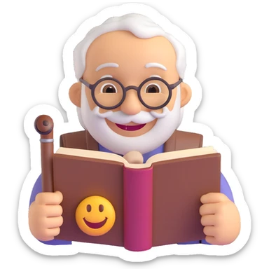 3D smiley emoji, round shape, grandfather with a pipe and a book, brown color, smiling face sticker