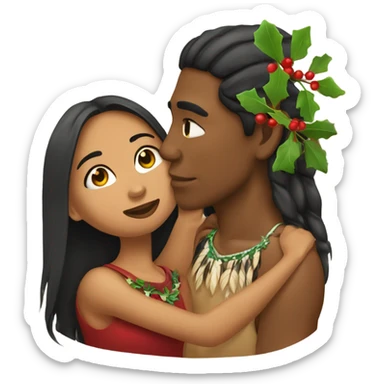 Native American girl kissing light skin man under a mistletoe sticker