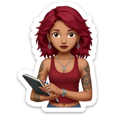 a pretty tan indian bratz girl with messy dark wavyred hair, wearing a dark red tank top, layered silver necklaces. Carrying multiple sketchbooks and pens, tattoos on arm sticker