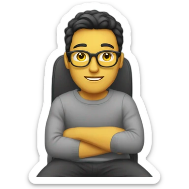 White man with yellow tinted glasses and black hair in a gray jumper and sitting on a chair sticker