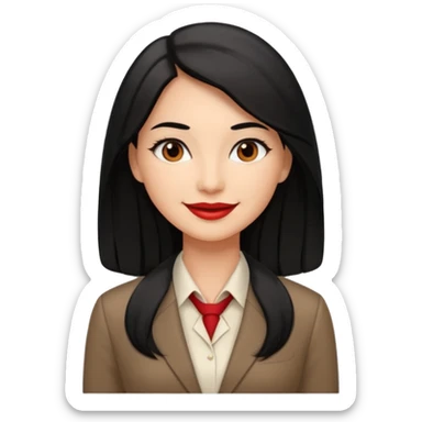 a woman with office outfits and smile, her hair is long black hair, her eyes are soft brown color and the color of her lip is soft red sticker