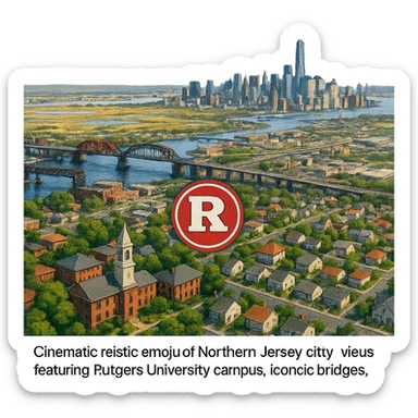 cinematic realistic emoji of Northern New Jersey city view featuring Rutgers University campus, iconic bridges, skyline, suburban neighborhoods, and the Meadowlands, lifelike detail, accurate colors, bright daytime, no sky, no clouds sticker