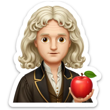 Isaac Newton wearing aristocratic attire with long curled periwig, hold an apple sticker