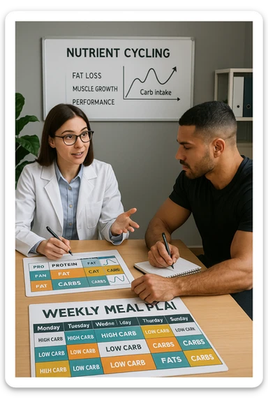 a nutritionist explains to an athlete how to cycle macronutrients for fat loss and training. On the desk, a weekly meal planner shows alternating high-carb and low-carb days, with color-coded sections for proteins, fats, and carbs. The athlete takes notes, and a chart in the background illustrates the benefits of nutrient cycling. The mood is professional and educational. scritto in italiano sticker