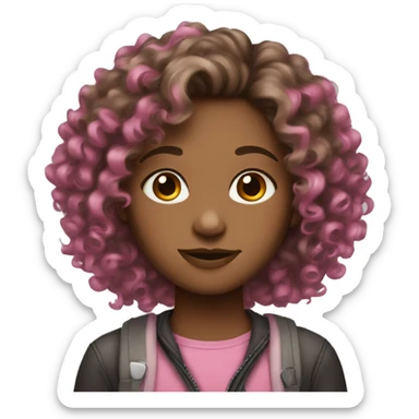 Curly hair brown girl with pink now sticker