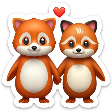 A cartoon penguin and red panda holding "hands" sticker