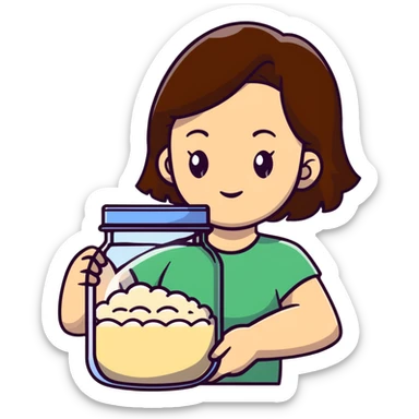 designer woman with brown hair holding a big glass jar of rice sticker
