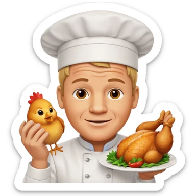 Gordon Ramsay cheerful, showing off a perfectly cooked chicken on a plate, chef uniform sticker