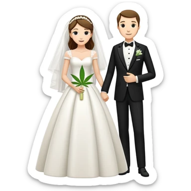 A bride in white wedding dress and groom in tuxedo, full body, sharing cannabis, wedding couple, different pose sticker