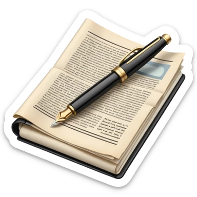 an open newspaper or a stack of articles with visible text columns, symbolizing opinion pieces and analysis. A classic fountain pen should be placed near the papers, indicating the act of writing. Use neutral colors like black, white, and beige. sticker
