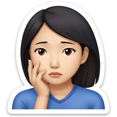 Asian woman worried while resting her chin on her right hand sticker