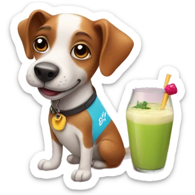 Dog on a surf board with a smoothie sticker
