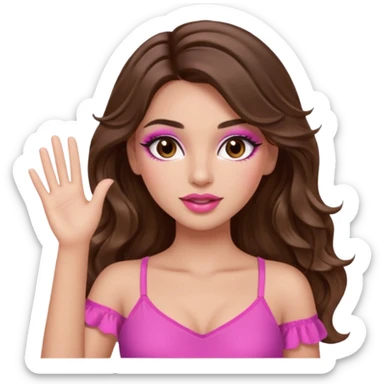girl with long wavy brown hair, brown eyes, long lashes makeup, sexy pink lips, light to medium complexion, wearing a pink sexy top, one hands in the air high sticker