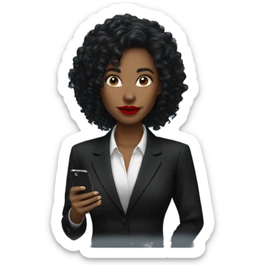 corporate white woman, red lipstick, long black curly hair, with a phone, black shirt, black blazer  sticker