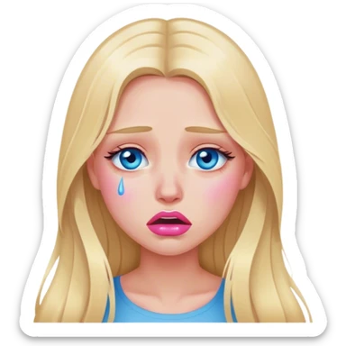 A beautiful blonde girl with long hair, blue eyes, pink lips is crying sticker