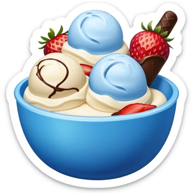 Blue bowl with just 3 scoops of ice cream in it: white, brown, and pink sticker