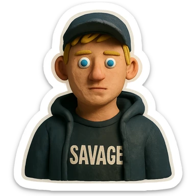 young man with short blonde hair, blue eyes, light skin, dark cap, dark hoodie over a "SAVAGE" t-shirt, white outline sticker effect sticker