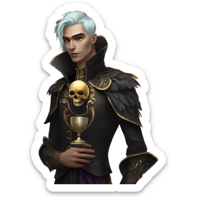 Hamlet young skinny man iridescent hair wearing raven feathers with a gilded hourglass and golden flames holding a skull sticker
