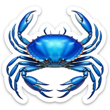Cinematic Noble Blue Crab Portrait Emoji, Poised and commanding, with a sturdy, angular build and a brilliantly iridescent blue exoskeleton accented by robust, gleaming claws, deep-set piercing eyes, Simplified yet sharp and sophisticated features, highly detailed, glowing with a cool, oceanic glow, high shine, intelligent and resilient, stylized with an air of marine authority, focused and attentive, soft glowing outline, capturing the essence of a watchful and confident blue crab that feels as though it could scuttle out of the screen with effortless authority! sticker