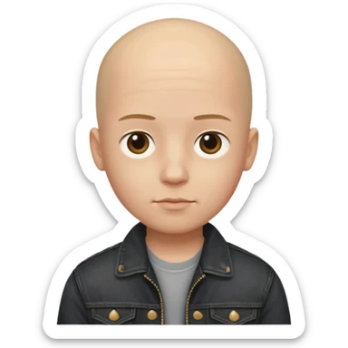  a boy with bald head, black jeans jacket, plain forehead sticker