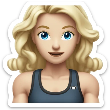 Close up Actively gesturing  with hands Pale skinned Fit woman With the biceps and blonde hair in dark gray Sleeveless Mike, black sports shorts, watch and white Sneakers and Blue Eyes  sticker