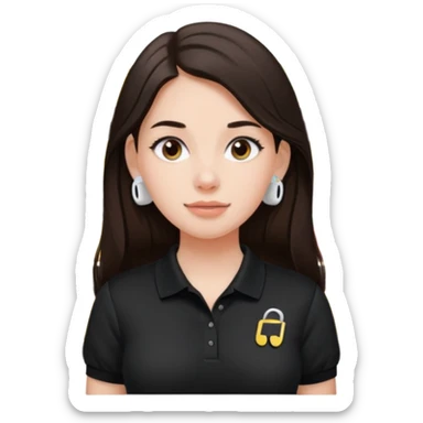 Girl with long dark brown hair with airpods wearing a black wegmans grocery store polo sticker