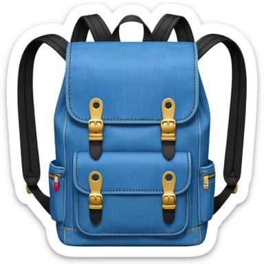 Minimalist emoji-style icon of a stylish blue denim backpack with a flap top, two vertical black buckle straps,and two zipper side pockets. Inspired by Tommy Jeans design. 

 sticker