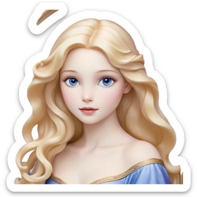 Cinematic Realistic Sleeping Beauty (Aurora) Portrait, with porcelain-like skin featuring a natural rosy flush, illuminated by soft lighting that highlights the gentle contours of her face. Her golden blonde hair flows in soft, detailed waves with subtle highlights that shimmer in the light. Her deep violet-blue eyes radiate warmth and innocence, framed by arched brows and long lashes. With a soft, serene smile, she holds a delicate rose gently in one hand, her other hand resting lightly by her side. She is dressed in her classic pink gown, the fabric rich in texture with delicate folds that catch the light. A golden crown rests atop her head, gleaming with royal refinement. The portrait captures a soft, glowing aura, blending realism with an ethereal sense of beauty and timeless enchantment. sticker