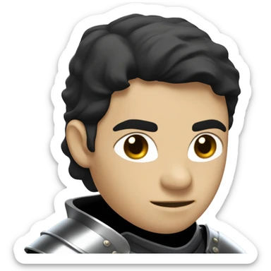 Design a character of a knight wearing a black cloak, silver armor, and a long sword in hand. He has short black hair, a visible scar on his right eye and eyebrow, and light tan skin. sticker