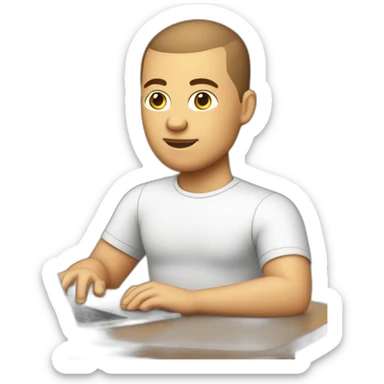 software engineer (white male, brown buzz cut hair, white gold earrings) in front of laptop, apple-style sticker
