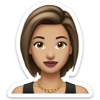 Medium-light skin, straight medium brown hair, dark brown almond eyes, full pink lips, defined brows, black top, gold necklaces, small hoop earrings sticker