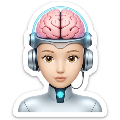 AI neural network visualization with glowing connections and a robotic face”
“Futuristic AI assistant with a holographic interface and digital brain sticker