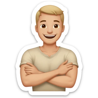 guy crossed arms holding neck laughing sticker