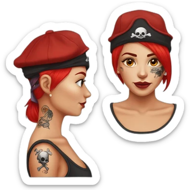 Woman long red one platted hair on one sid short hair on other side Tattoo under shaved hair. pirate hat, skull and crossbones t shirt sticker