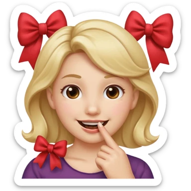 Emoji qui sourire avec le doigt dans la bouche et un noeud dans les cheveux sticker