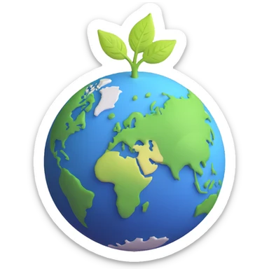 Green leaf on top of a round Earth globe, simple background, soft light sticker