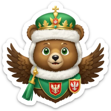 Sweet brown bear face with green eyes, white fluffy ushanka hat with Russian coat of arms showing golden eagle with spread wings, crowns, scepter, orb, and St. George shield, iOS emoji style sticker