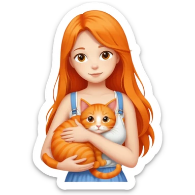 Fair-skinned girl - long hair - white sling - hugging a orange cat sticker