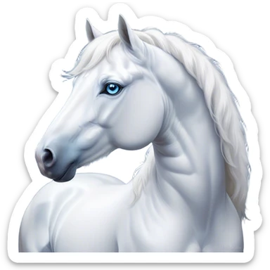 Cinematic Noble White Horse Portrait Emoji, Poised and regal, with a strong, athletic build and a pristine, well-groomed pure white fur, deep-set soulful blue eyes, Simplified yet sharp and sophisticated features, highly detailed, glowing with a soft, dignified glow, high shine, intelligent and majestic, stylized with an air of ethereal grace, focused and attentive, soft glowing outline, capturing the essence of a watchful and confident steed, so majestic it feels as though it could gallop out of the screen with effortless authority! sticker