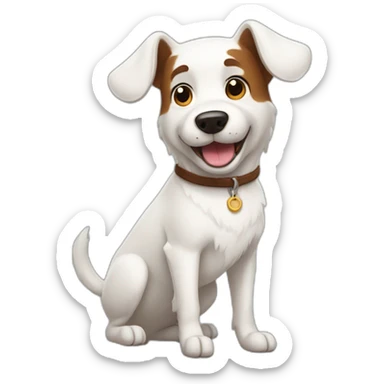 cartoon white dog, with one brown ear and one leg up emote sticker