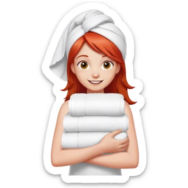 cheerful teenager with red hair carrying a stack of towels in her arms sticker