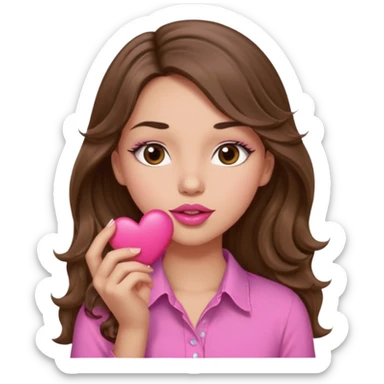 girl with long wavy brown hair, brown eyes, light to medium complexion, in a pink shirt, pink lips, long lashes, puckering up for a kiss, kiss lips and big heart in hand sticker