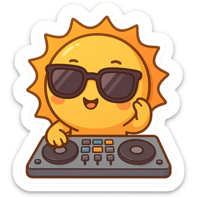The Sun as a DJ, hands on a mixing board, big sunglasses, fun vibe, chibi stickers style, colorful and dynamic sticker