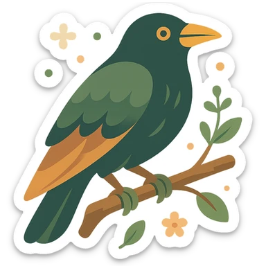A mysterious crow perched on a branch, surrounded by a soft, magical atmosphere. The crow’s feathers are deep, dark hues with hints of golden orange (FA9B41), forest green (4A7C5C), muted taupe brown (96775A), and pastel peach (FFCC9A) subtly blending into its plumage. The branch is weathered and textured, with small leaves in green and peach tones, and delicate flowers or tiny sparks floating around. The lighting is soft and ambient, casting a warm, mystical glow over the scene, creating a quiet yet enchanting atmosphere. The crow’s sharp eyes and poised posture add to the mysterious, slightly gothic vibe of the moment sticker
