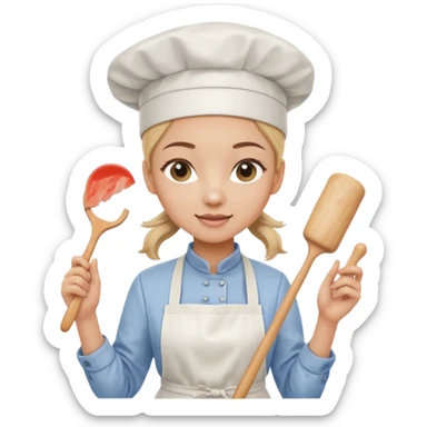 Young female pastry chef - single ponytail, apron, wearing a white hat, holding a rolling pin sticker